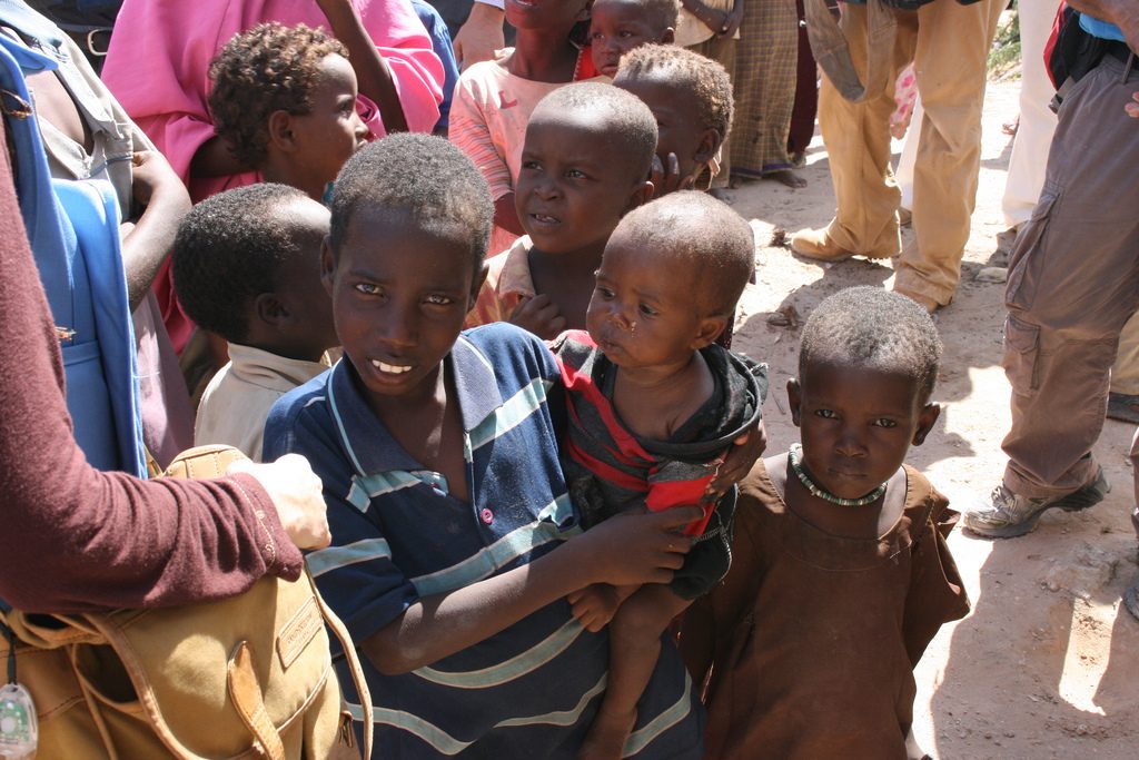 Children receiving food aid in Mogadishu